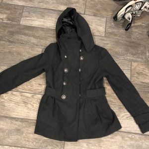 Button Front Peacoat with Removable Hood